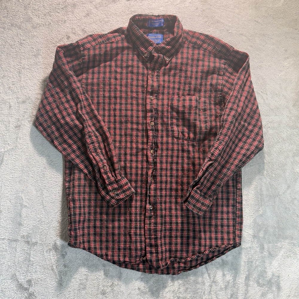 Sir Pendleton Wool Shirt L Red Black Plaid Long Sleeve Button Down Vtg Worsted